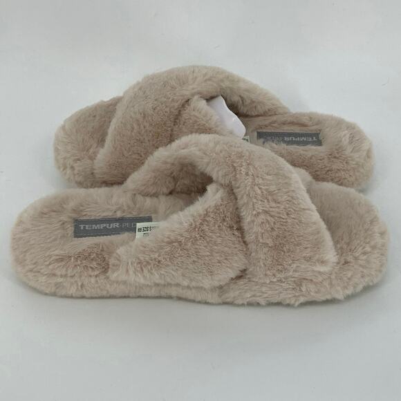 Tempur-Pedic Size 6M Natural Sloann Slide Slippers Faux Fur Cross-Strap P19-17 - Picture 4 of 12